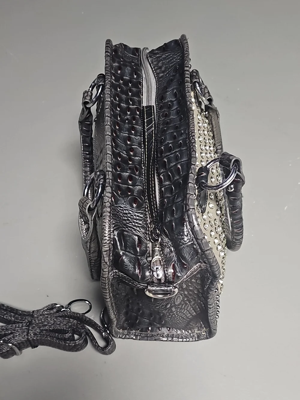 Grey Croc Leatherette Crystal Srud Silver Satchel Purse Bag Crossbody EUC